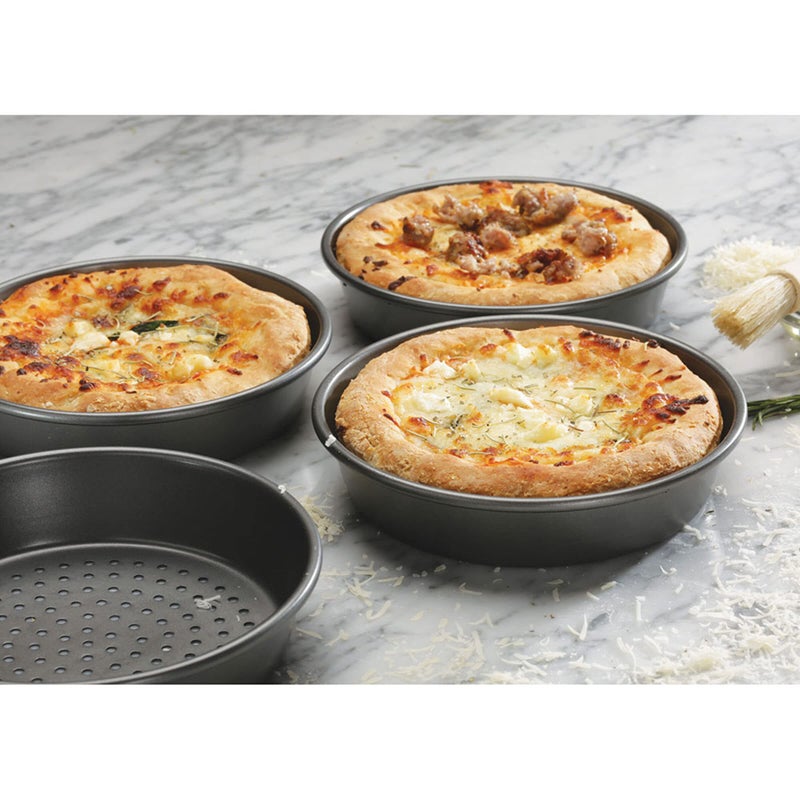 Chicago Metallic Deep Dish Pizza Pan Set of 4, 7 Inch Personal Size, Heavy-Duty Carbon Steel with Perforated Bottom for Crispy Crust, Perfect for Family Pizza Night - Image 4